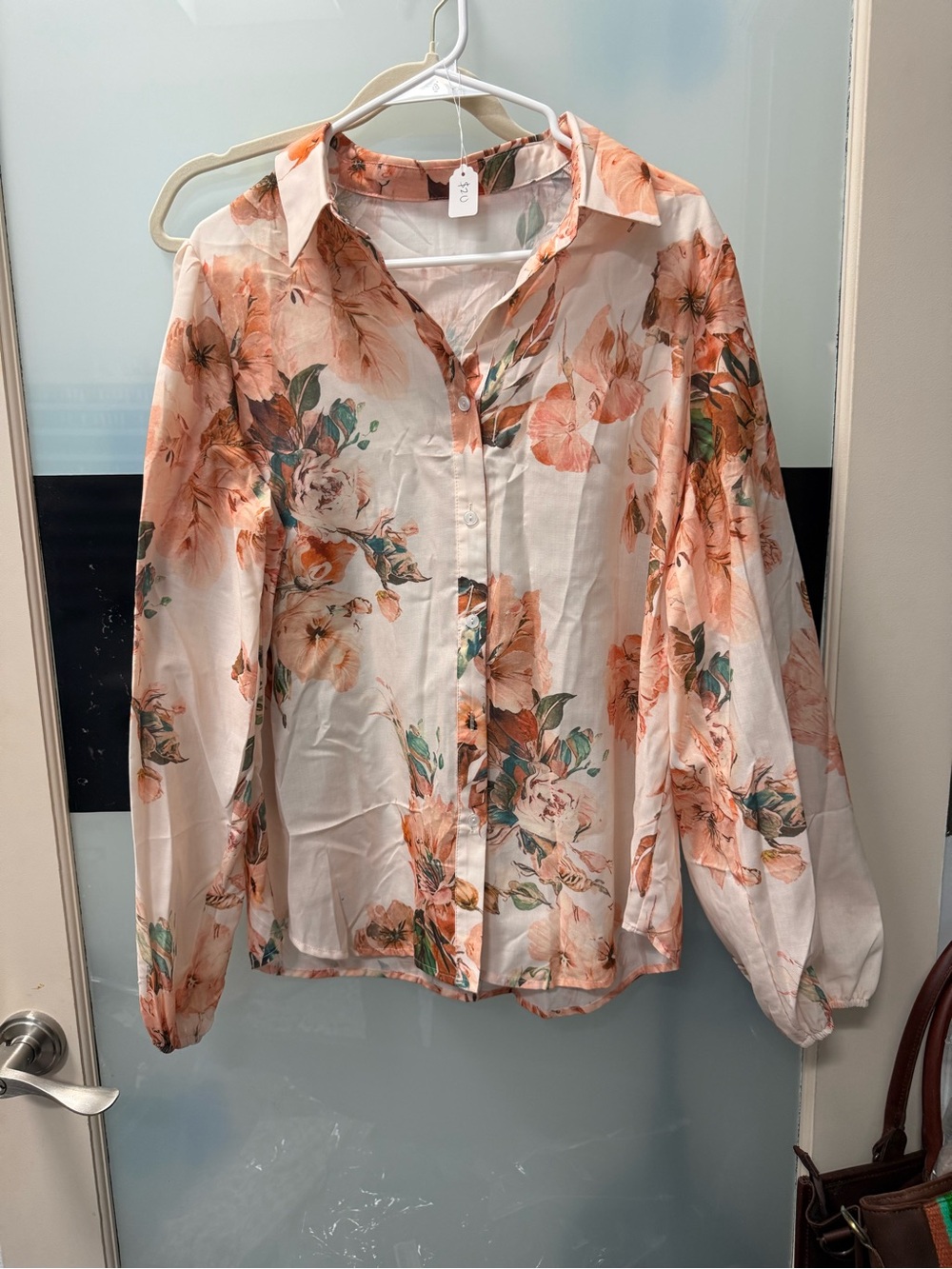 Floral Button-Front Women's Blouse in Peach